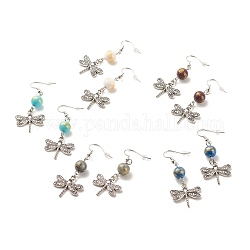Runde natürliche Mashan-Jade mit Libellen-Ohrringen aus Legierung, Messingohrringe für Frauen, Mischfarbe, 50 mm, Stift: 0.6 mm