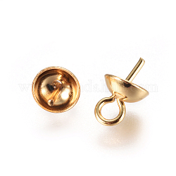 Placage sous vide 304 tasse en acier inoxydable perle peg bails pin pendentifs, pour la moitié de perles percées, or, 8x5mm, Trou: 1.8mm, pin: 0.7 mm