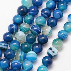 Chapelets de perles en agate rayée naturelle/agate à bandes, ronde, Grade a, teints et chauffée, bleu profond du ciel, 8mm, Trou: 1mm, Environ 47 pcs/chapelet, 15 pouce