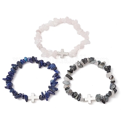 Ensemble de bracelets extensibles en perles, 3 styles, 3 pièce, pierres précieuses naturelles mélangées, bracelets empilables en alliage croisé, diamètre intérieur: 2-3/8 pouce (6 cm), 1 pc / set