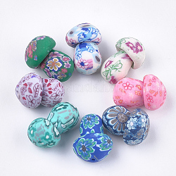 Manuell Polymer Ton Perlen, Hälfte gebohrt Perlen, Pilz mit Blume, Mischfarbe, 16.5~19.5x11~13x11~13 mm, Halb Loch: 0.7~1 mm