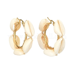 Natural Shell Beaded Hoop Earrings, 304 Stainless Steel Wire Wrap Earrings, Real 18K Gold Plated, 38x42x12mm