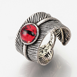Bagues réglables de manchette en alliage, avec les accessoires en verre, anneaux large bande, plume avec oeil de dragon, rouge, taille 9, 19mm