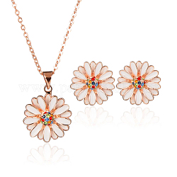 Fashionable Alloy Enamel Rhinestone Jewelry Sets, Flower Pendant Necklaces and Ear Studs, with Iron Chains, Alloy Lobster Claw Clasps and Steel Pins, White, 15.3inch, 18mm