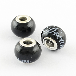 Spray Painted Glass European Large Hole Beads, Dream Rondelle, with Double Silver Brass Cores, Black, 11.5x14mm, Hole: 5mm