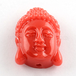 Perles de corail synthétiques teintes tête de Bouddha, rouge-orange, 24~25x16x10.5mm, Trou: 2mm