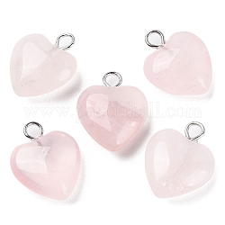 Pendentifs de quartz rose naturel, breloques coeur avec boucles en laiton plaqué platine, 14.8~15x12x4.1~4.6mm, Trou: 2mm