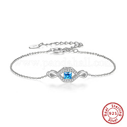 Bracelet à maillons oeil en argent sterling rhodié pour femme, avec zircons cubiques bleu ciel profond, avec tampon s925, Platine plaqué réel, 925 pouce (6-3/8 cm)