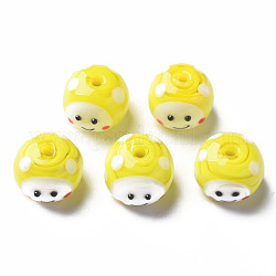 Handmade Lampwork Beads, Round with Cartoon Face, Yellow, 13~14x10mm, Hole: 2mm