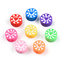 Handmade Polymer Clay Beads, Flat Round with Heart & Sun, Mixed Color, 9~10x5mm, Hole: 1.6mm