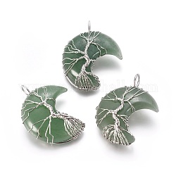 Ciondoli avvolti in filo di avventurina verde naturale albero della vita, con accessori di ottone, luna crescente, platino, 44~46x26~32x12.5mm, Foro: 6.5x4.5 mm