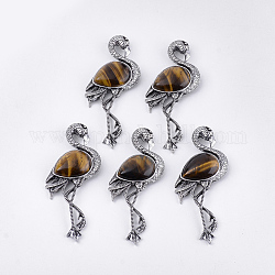 Natürliche Tigerauge Broschen/Anhänger, mit Legierung-Zubehör, Flamingo-Form, Antik Silber Farbe, 83.5x38x12 mm, Bohrung: 4x3 mm, Stift: 0.7 mm