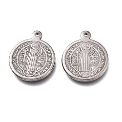 304 Stainless Steel Pendants, Flat Round with Saint Benedict Medal, Stainless Steel Color, 22x18.5x2mm, Hole: 1.5~1.8mm