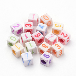 Craft Style Acrylic European Beads, Large Hole Beads, Cube with Number, Mixed Color, 7x7x7mm, Hole: 4mm, about 1600pcs/500g