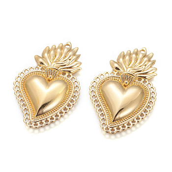 Pendente in lega, cuore sacro, cuore di fiamma santa, oro, 40x25x3.5mm, Foro: 1.5 mm