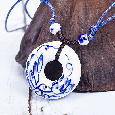 Ретро этнический фарфоровый кулон регулируемые ожерелья из полиэстерового шнура для женщин FS-WGD020A-04-1