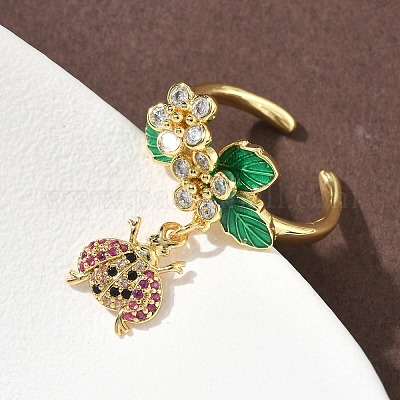 Кольца-манжеты с божьей коровкой из латуни с микропаве из кубического циркония RJEW-A069-03G-1