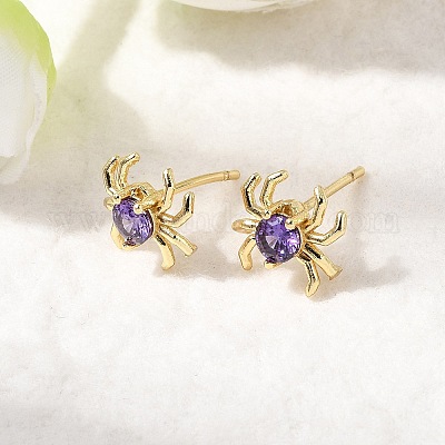 Серьги-гвоздики из латуни с микропаве из кубических цирконий в форме паука EJEW-L306-04G-01-1