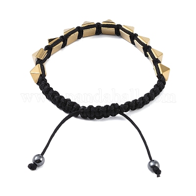 Браслеты из синтетического немагнитного гематита в форме пирамиды с плетеными бусинами BJEW-E102-03-1