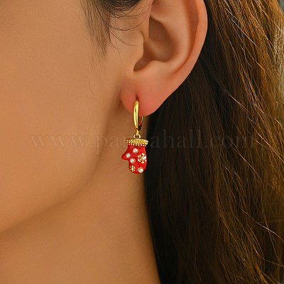 Серьги-кольца из латуни с эмалью «снежинка с рождественскими перчатками» QN1385-1