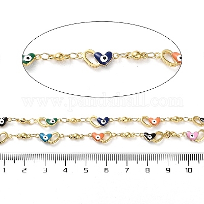 Цепочка с звеньями из латуни и эмали в форме сердца со злыми глазами CHC-Q013-03G-1