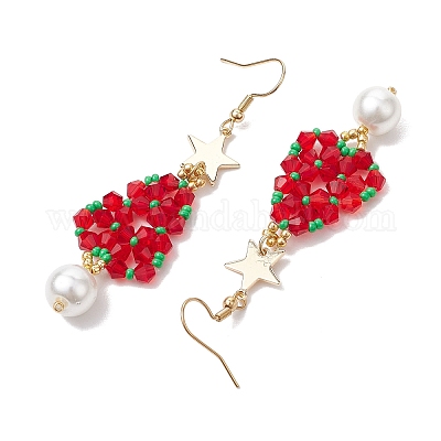 Серьги-подвески в виде деревьев из стеклянных бусин и стеклянного жемчуга EJEW-MZ00276-01-1