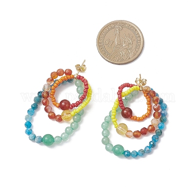 Круглые серьги-гвоздики с подвесками из натуральных и синтетических драгоценных камней EJEW-TA00730-1