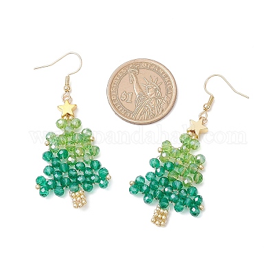 Новогодняя елка ручной работы стеклянные бусины серьги-подвески EJEW-MZ00489-1