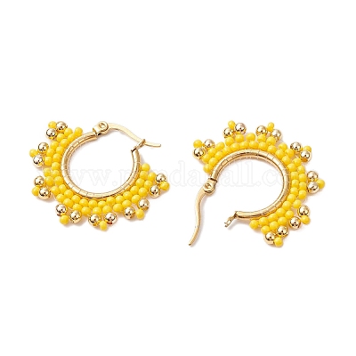 Серьги-кольца из стеклянных бусин из нержавеющей стали 304 EJEW-MZ00337-01-1