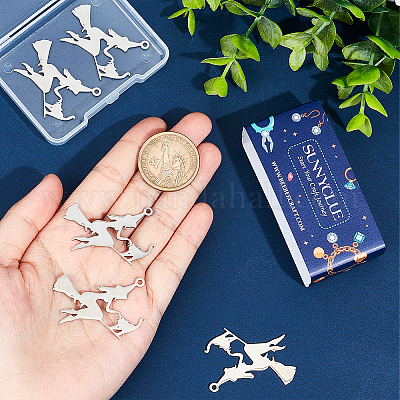 SUNNYCLUE 1 Box 10pcs Stainless Steel Halloween Charms Witch Charm Wizard Hat Charms Laser Cut Magic Fairy Flying Broom Charm