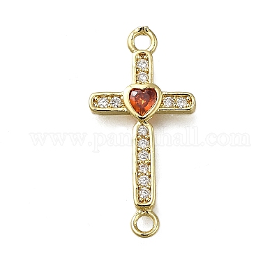Латунные подвески-крестики из кубического циркония оранжевого и красного цвета ZIRC-I070-018G-1