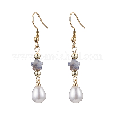 Серьги-подвески с цветком и каплей из нержавеющей стали 304 из АБС-пластика с имитацией жемчуга EJEW-JE06419-1