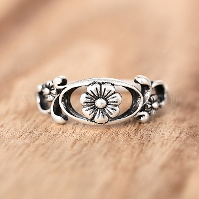 ⑥フローラルRING 真鍮 女性用、花柄の楕円形の真鍮製指輪 アンティークシルバー 7mm usサイズ