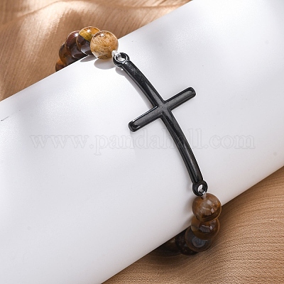 Круглые браслеты из натурального тигрового глаза с бусинами BJEW-F493-08EB-01-1