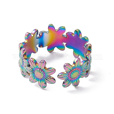 Ионное покрытие (ip) 304 кольцо из нержавеющей стали с цветочным узором открытое кольцо-манжета для женщин RJEW-C045-17M-1