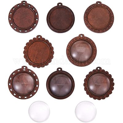 PandaHall 20 Sets 4 Style Round Wooden Pendant Trays Bezels Blank with 30mm Glass Cabochon Dome for Photo Pendant Cameo Jewelry Findings 