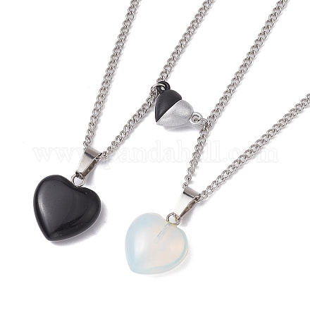 Ensemble de colliers avec pendentif en forme de cœur en pierre noire naturelle et opalite NJEW-JN04437-1