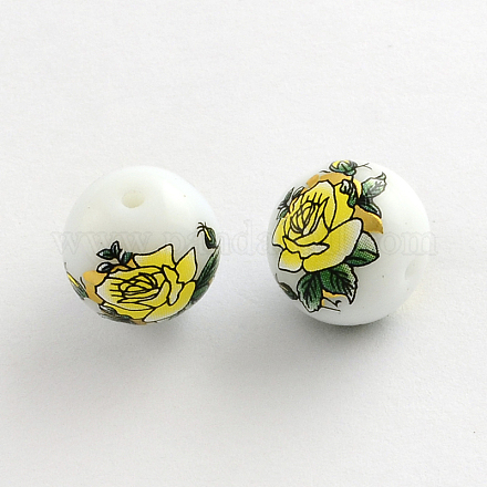 Flower Picture Brushwork Glass Round Beads GFB-R004-14mm-I09-1