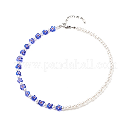 女性のためのプラスチック模造真珠＆ミッレフィオーリガラスビーズのネックレス  ブルー  16.14インチ（41cm） NJEW-JN03916-1