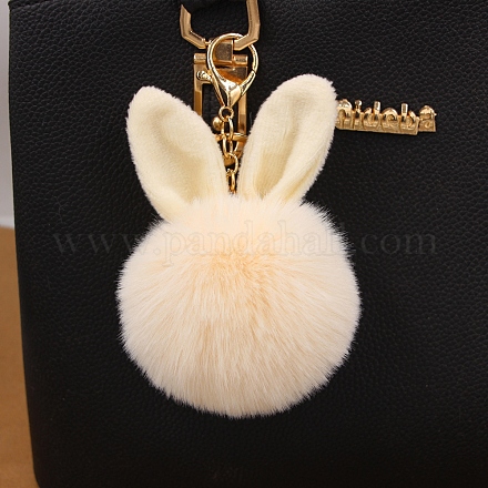 Llaveros con colgante de bola esponjosa de imitación de conejo de Pascua PW-WG95913-08-1