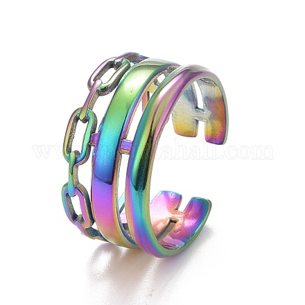 Ion Plating(IP) Rainbow Color 304 Stainless Steel Cable Chain Shape Open Cuff Ring for Women RJEW-C025-28M-1