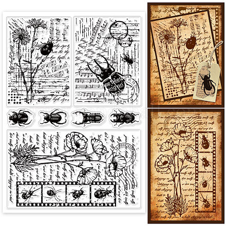 GLOBLELAND Vintage Insect Floral Background Clear Stamps for Cards Retro Text Flower Silicone Clear Stamp Seals 5.8x8.3inch Transparent Stamps for DIY Scrapbooking Photo Album Journal Home Decoration DIY-WH0371-0089-1