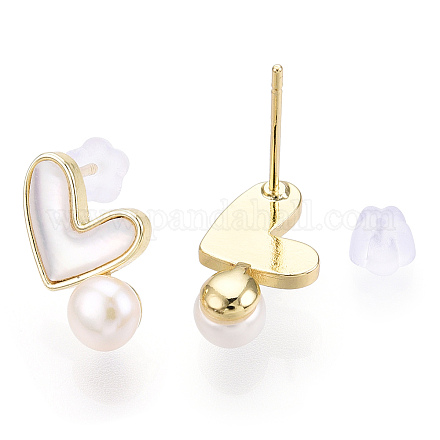 Orecchini a bottone con cuore di conchiglia bianca naturale e perle PEAR-N020-05P-1