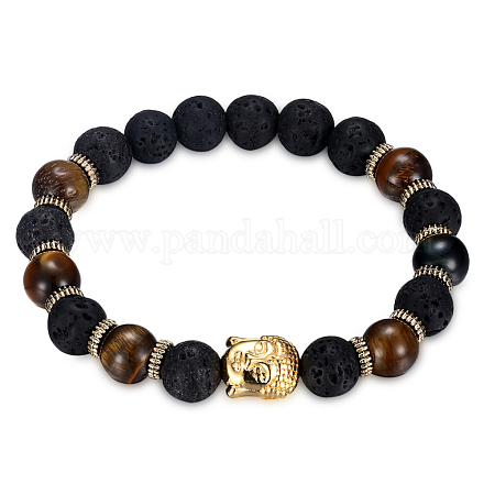 Bracelets extensibles en oeil de tigre naturel et pierre de lave BJEW-BB31254-2-1