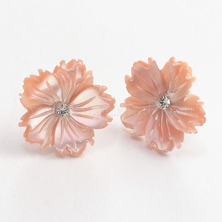 Plum Blossom Flower Pink Shell Stud Earrings EJEW-L124-01-1