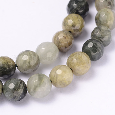 Faceted Natural Green Rutilated Quartz Round Bead Strands G-L377-37-8mm-1