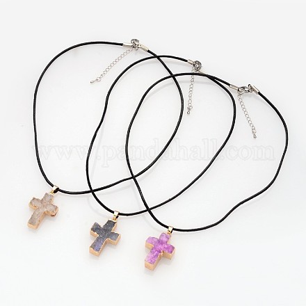 Golden Tone Plated Natural Druzy Agate Cross Pendant Necklaces NJEW-JN01153-1