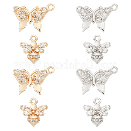 DICOSMETIC 8Pcs 2 Styles Butterfly Pendant Charm Brass Micro Pave Clear Cubic Zirconia Pendants Gold Plated and Platinum Plated Butterfly and Bee Charms for DIY Jewelry Making KK-DC0001-10-1