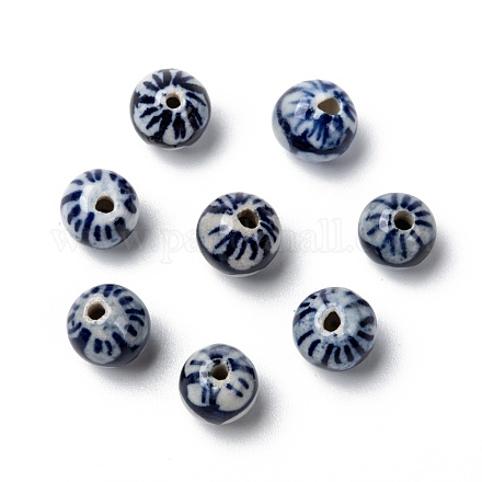 手作りの陶器ビーズ  青と​​白の磁器  ラウンド  ブルー  8mm  穴：2mm X-PORC-Q212-8mm-1-1