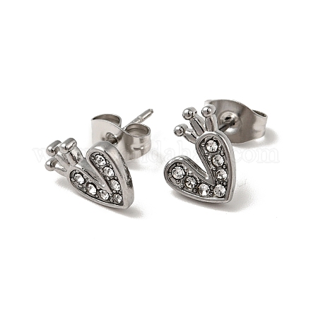 Heart with Crown 304 Stainless Steel Rhinestone Stud Earrings EJEW-A081-16P-01-1